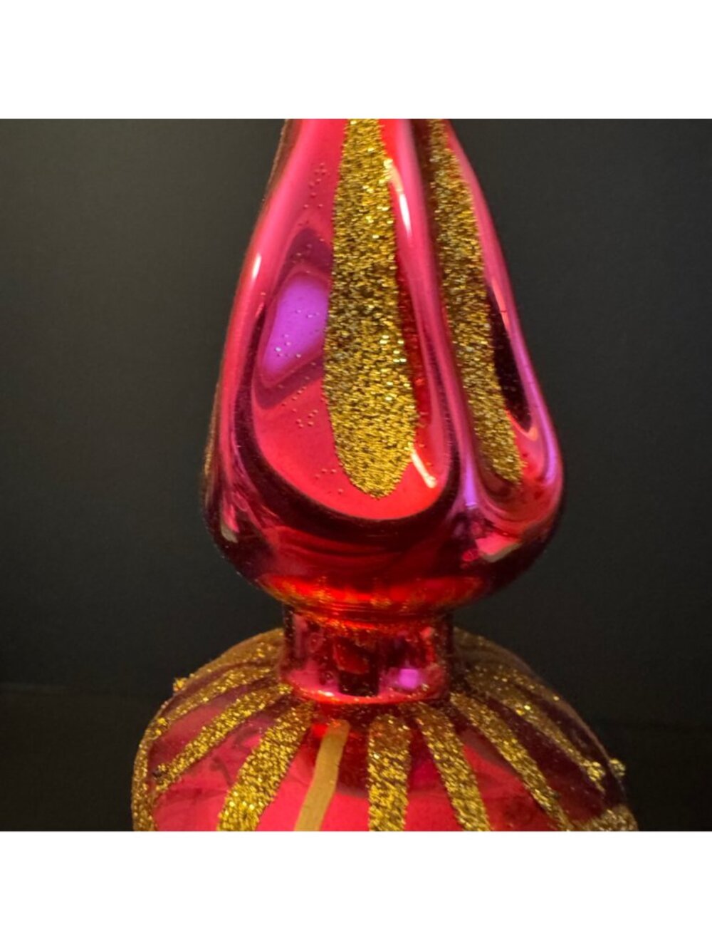VTG Pink & Gold Glass Christmas Tree Topper Glitter Accents Double Indent Ball - Picture 7 of 16